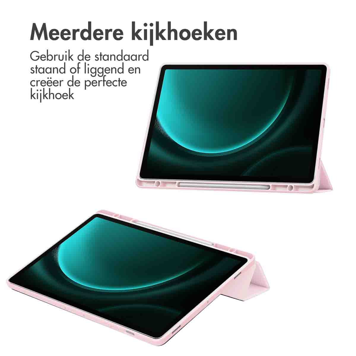 Twee tablets in roze en groene hoezen met de tekst 'Meerdere kijkhoeken' bovenaan.