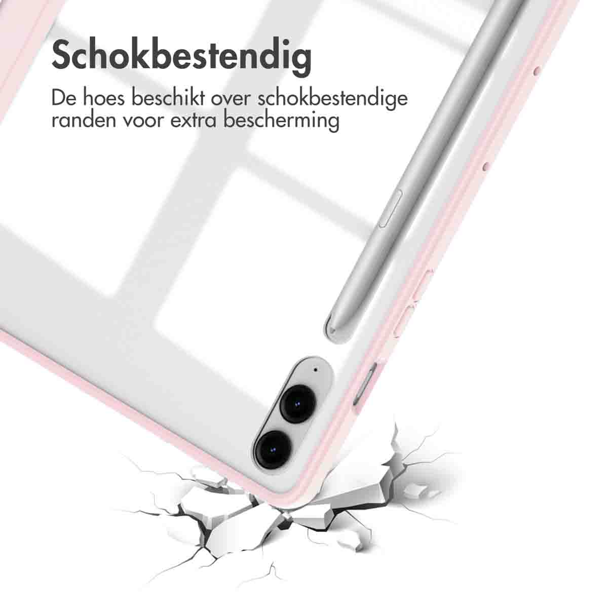 Tablet in roze hoes, met stylus en scheuren eronder. Tekst zegt schokbestendig.