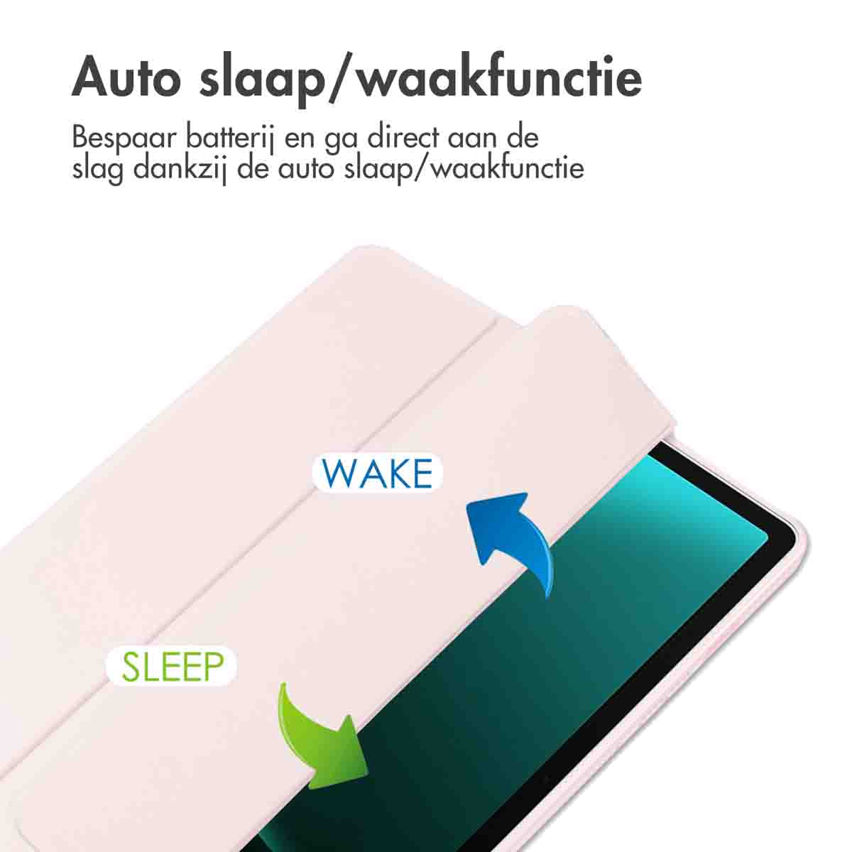 Tablethoes met open en gesloten posities. Pijlen geven slaap/wake-functie aan.