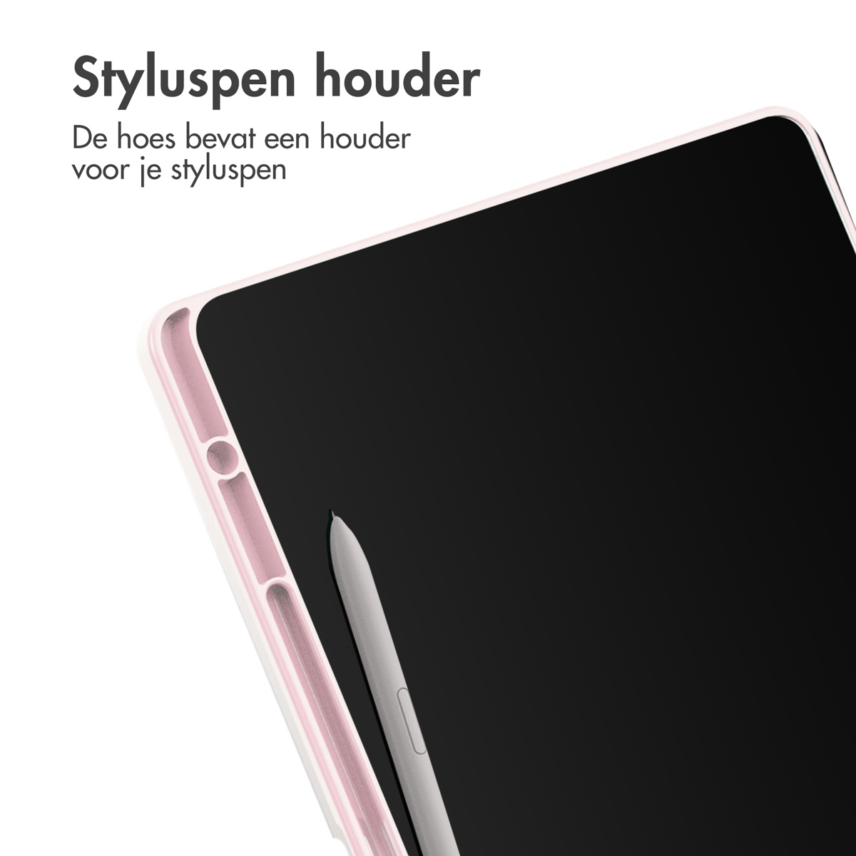 Tablet met een stylus pen, de hoes heeft een stylus penhouder. De hoes is roze, het scherm is zwart.