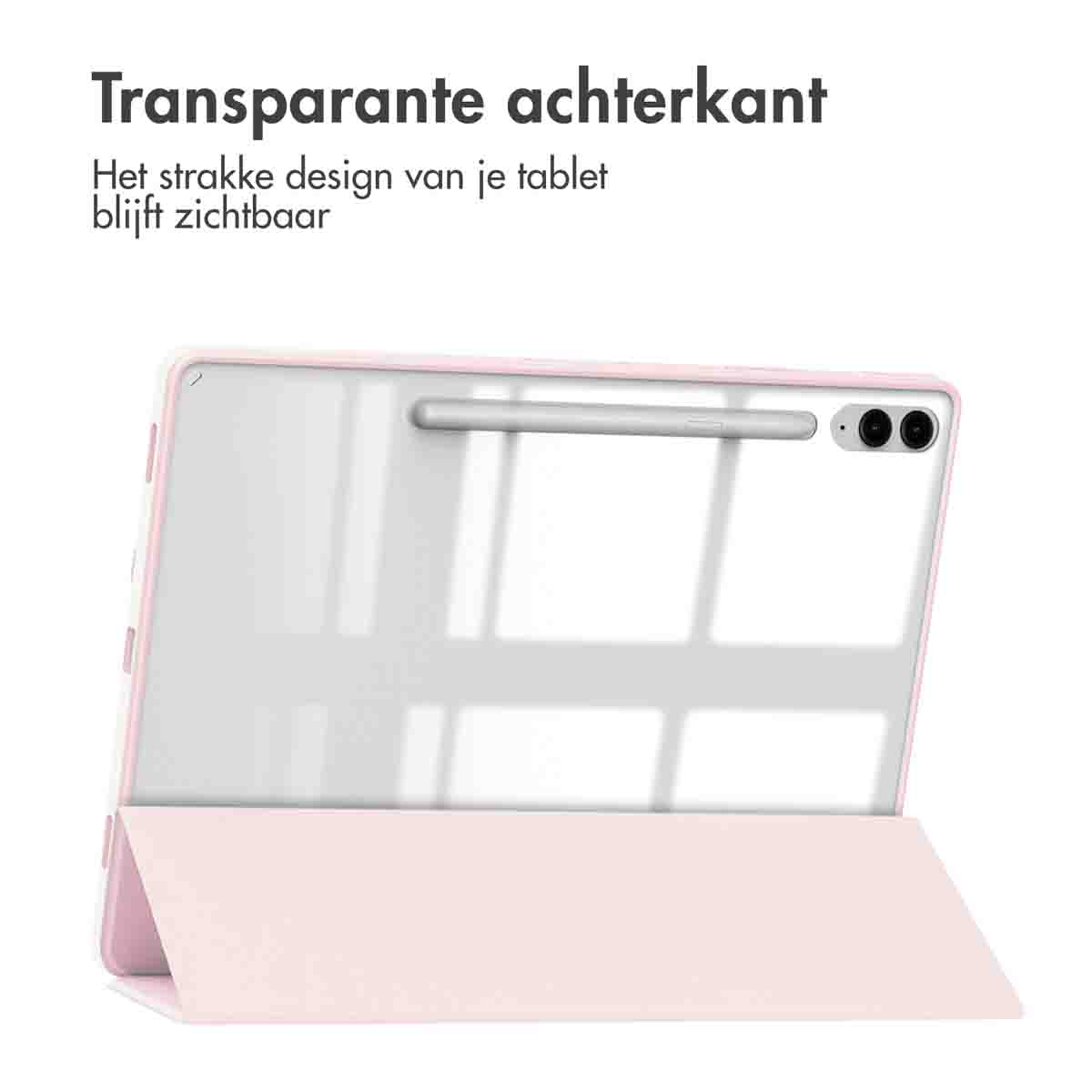 Roze tablethoes met transparante achterkant en pen. Tekst: Transparante achterkant.