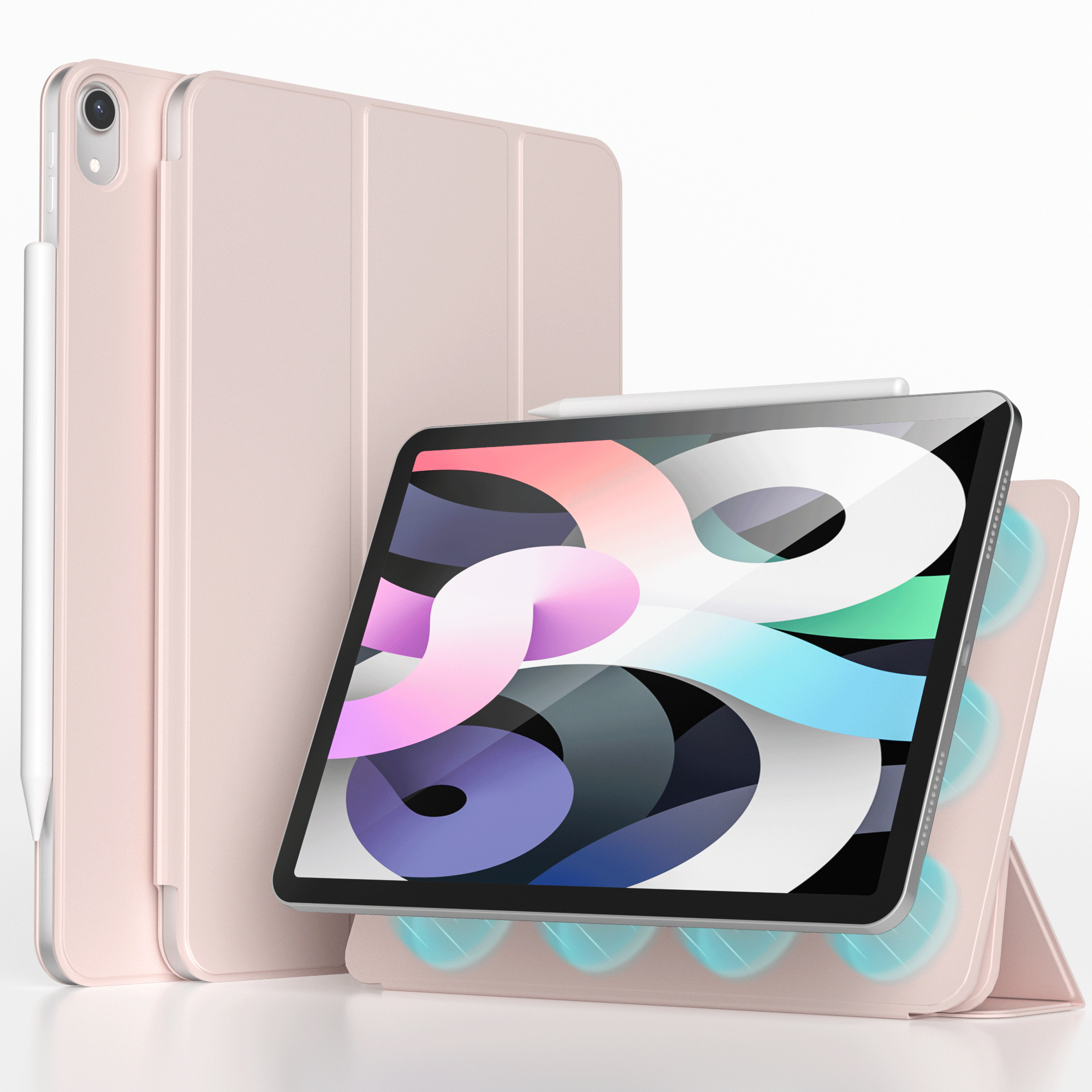 Pink tablet case with a tablet inside. A white stylus is attached to the side.