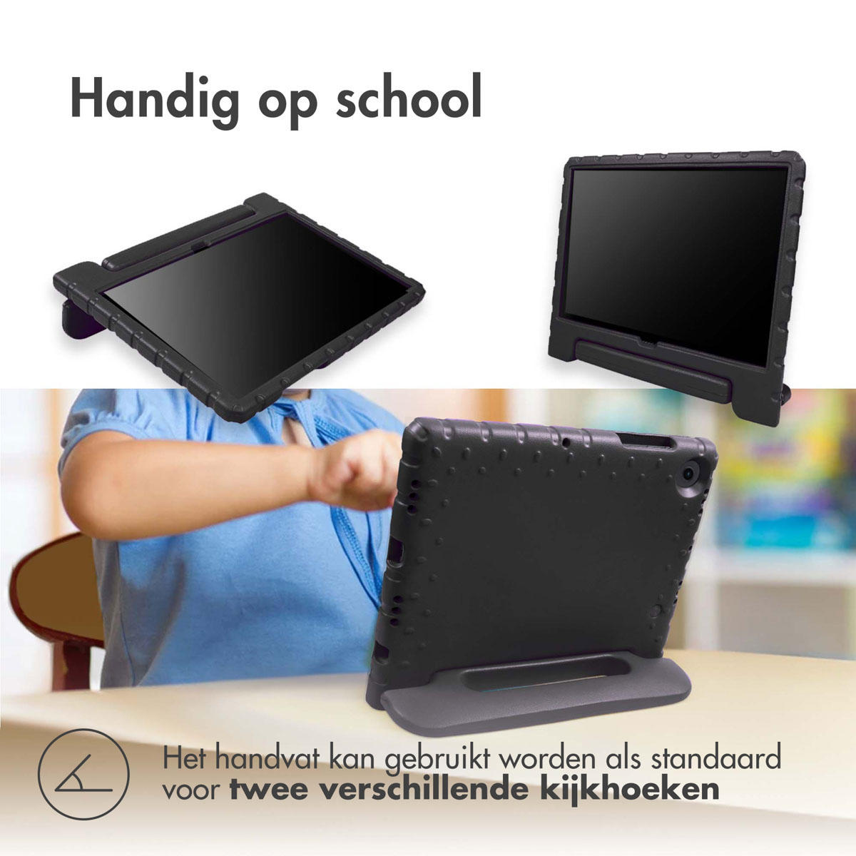 Tablettes dans des étuis noirs avec une poignée, sur une table. La main d'un enfant touche la tablette.