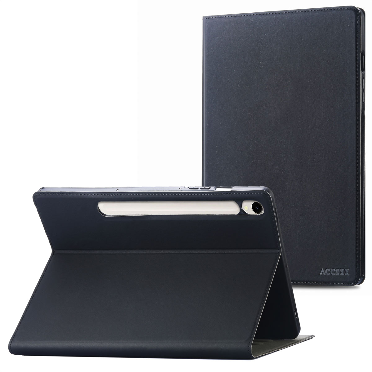 Un étui de tablette noir est montré ouvert avec la tablette à l'intérieur, et un autre étui en arrière-plan.