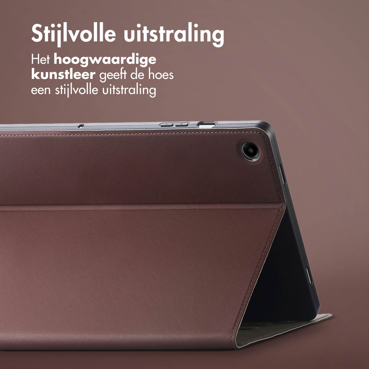 Brown tablet case, open. The tablet is black. The case is brown with a geometric design.