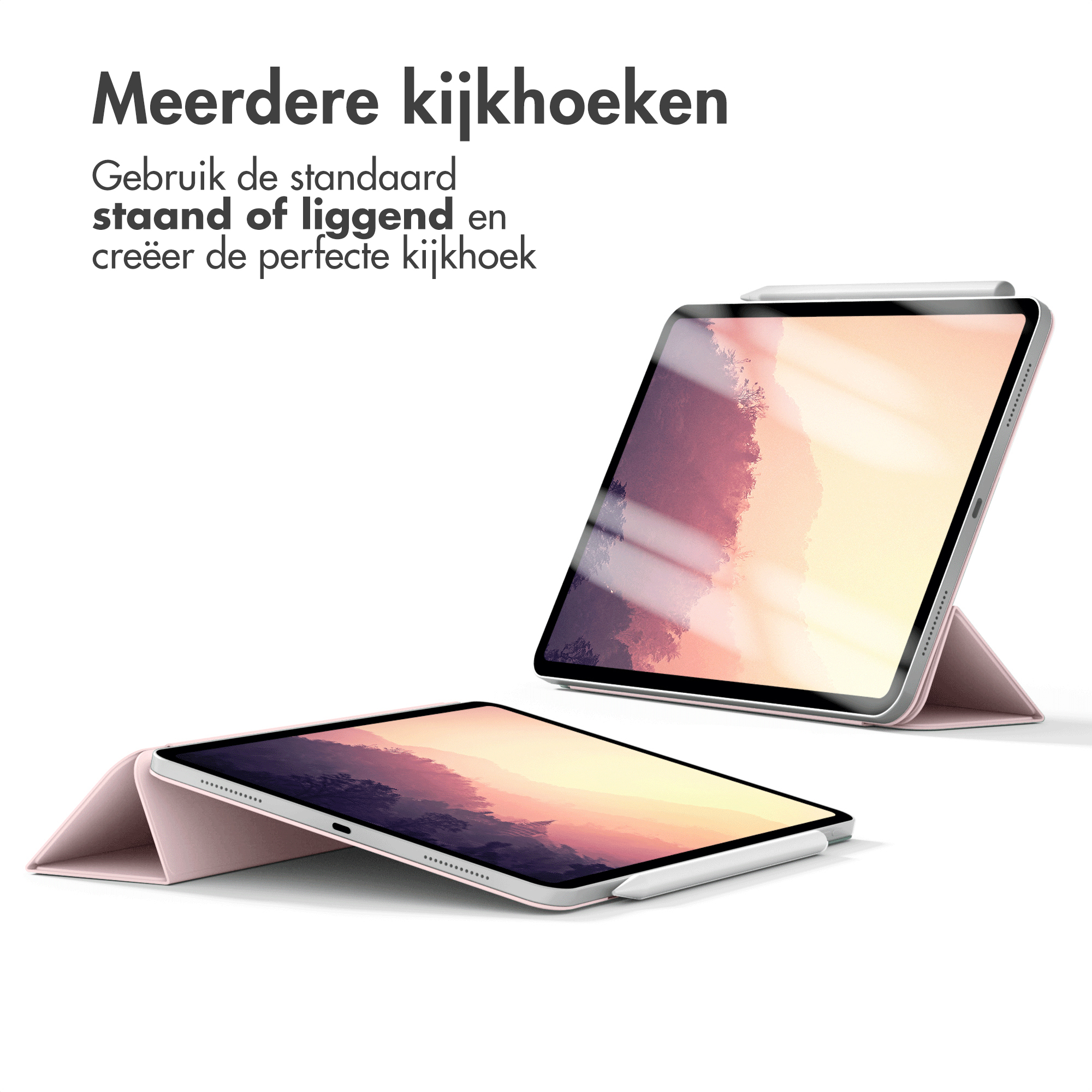 Two tablets, one upright, one flat. Both have light pink covers. Text in Dutch above.