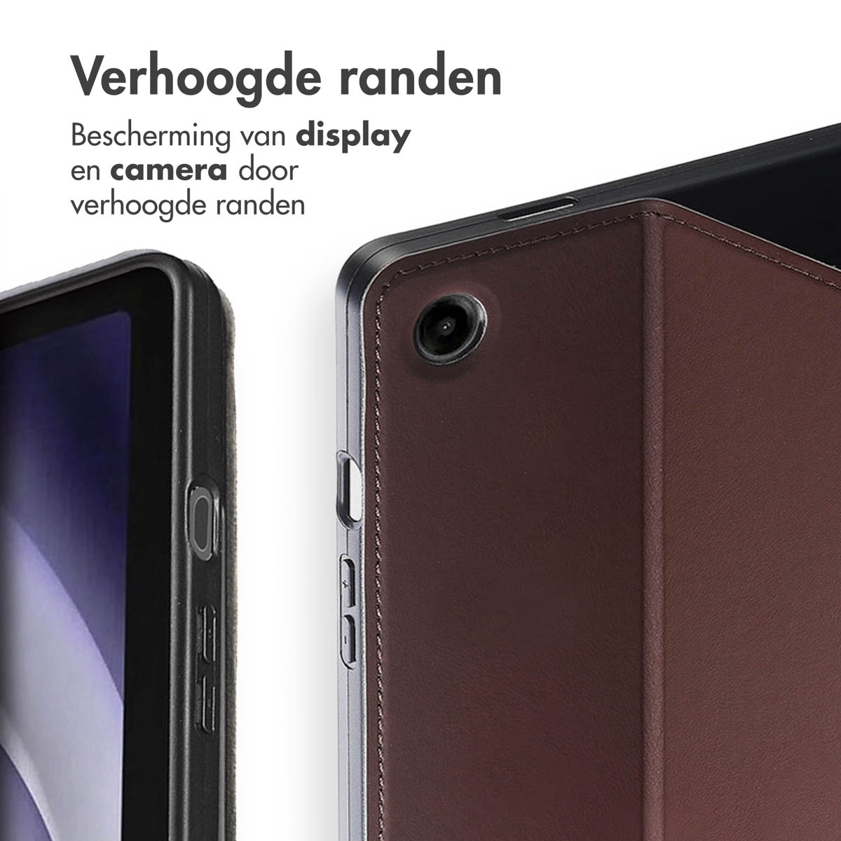 Close-up of a tablet case with raised edges protecting the display and camera.