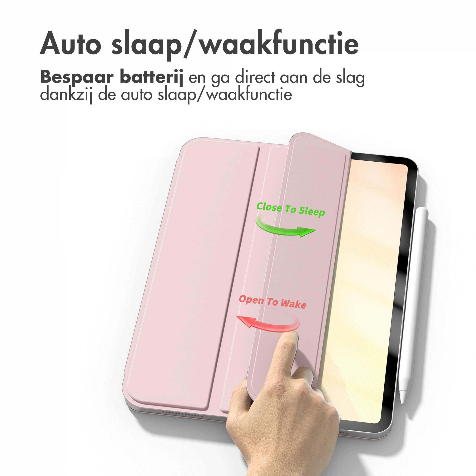 Pink tablet case with a tablet inside. The case is open, with text reading 'Open To Wake'.