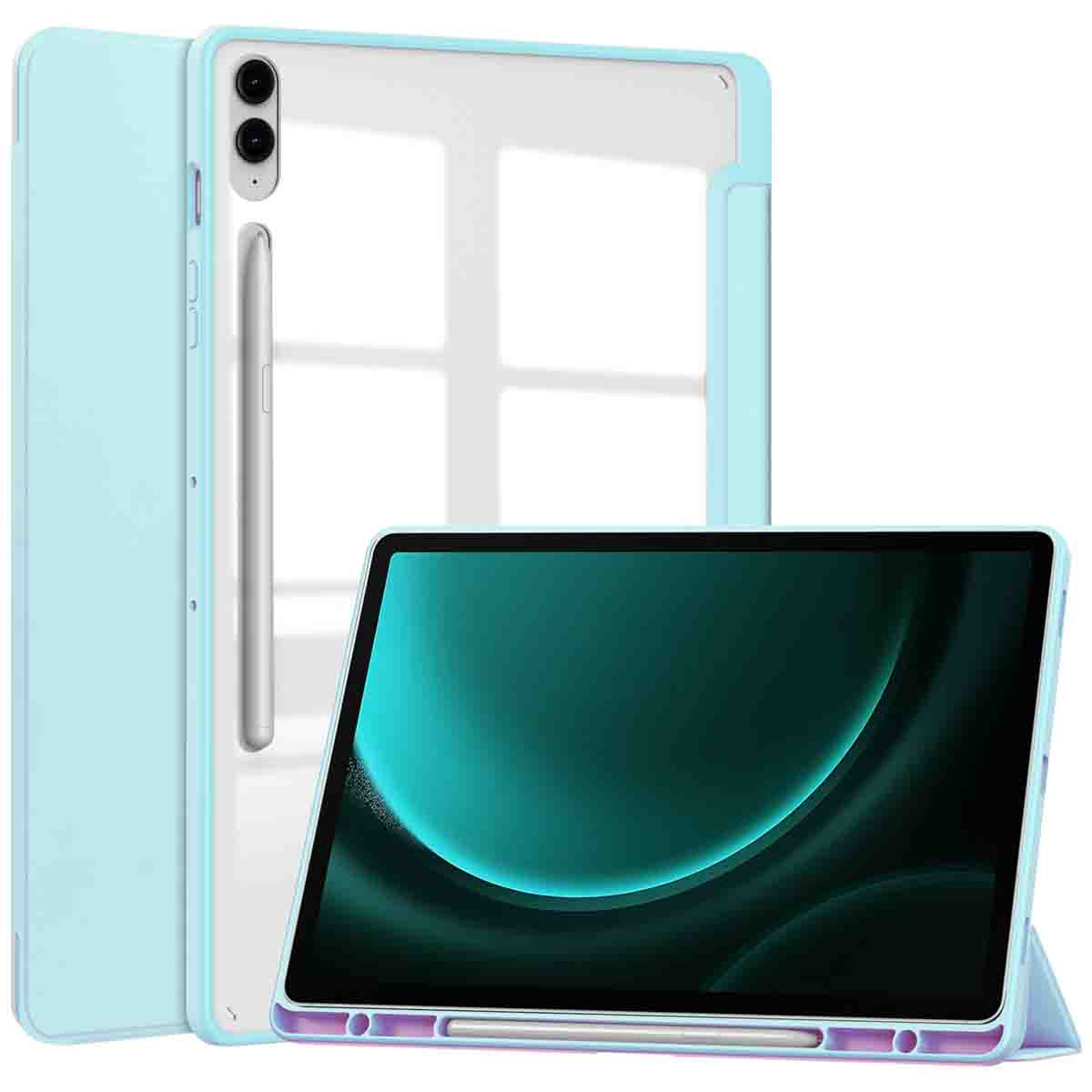 Een iPad in een lichtblauwe hoes. Het scherm toont een blauwgroen ontwerp. Een potlood is bevestigd.