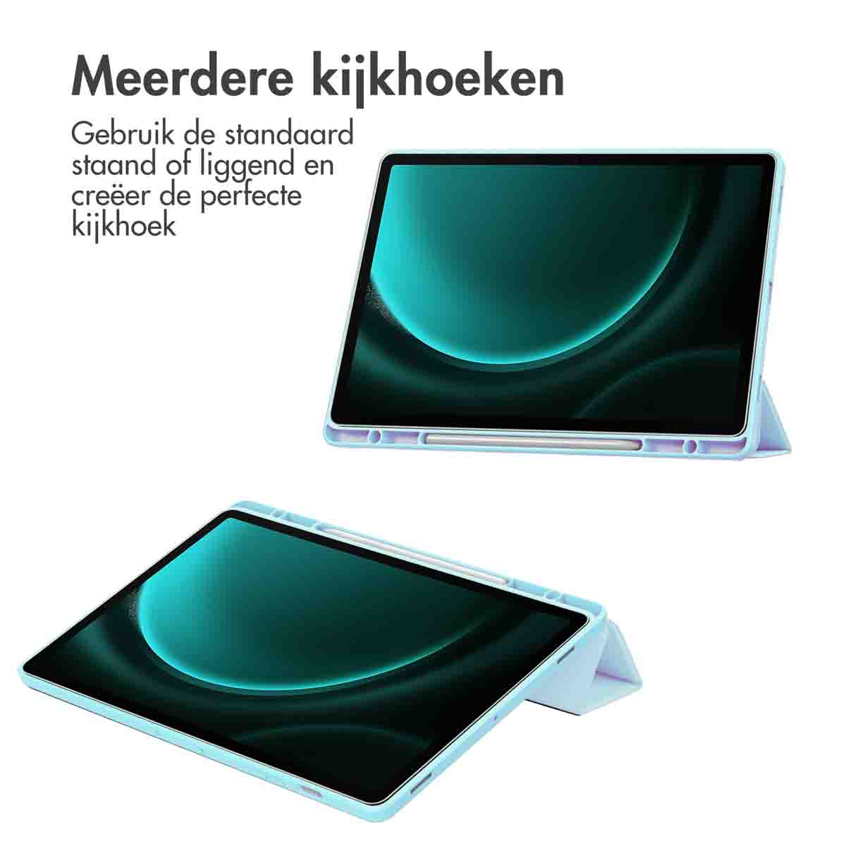 Tablets in verschillende posities, één opgesteld. Witte achtergrond.