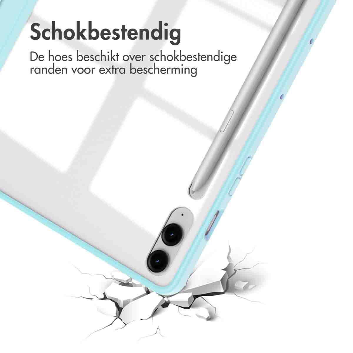 Een tablethoes met blauwe randen en een stylus, met scheuren eronder.