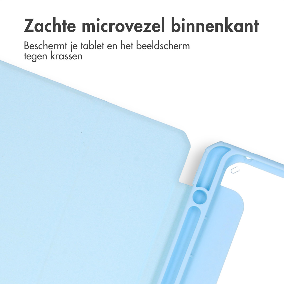 A light blue tablet case's interior is visible, showcasing a soft microfiber lining.
