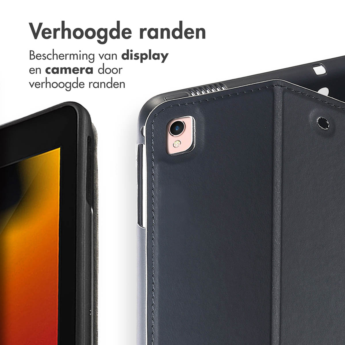 Close-up van een tablet met zwarte hoes, toont camera en verhoogde randen. Tekst: verhoogde randen.