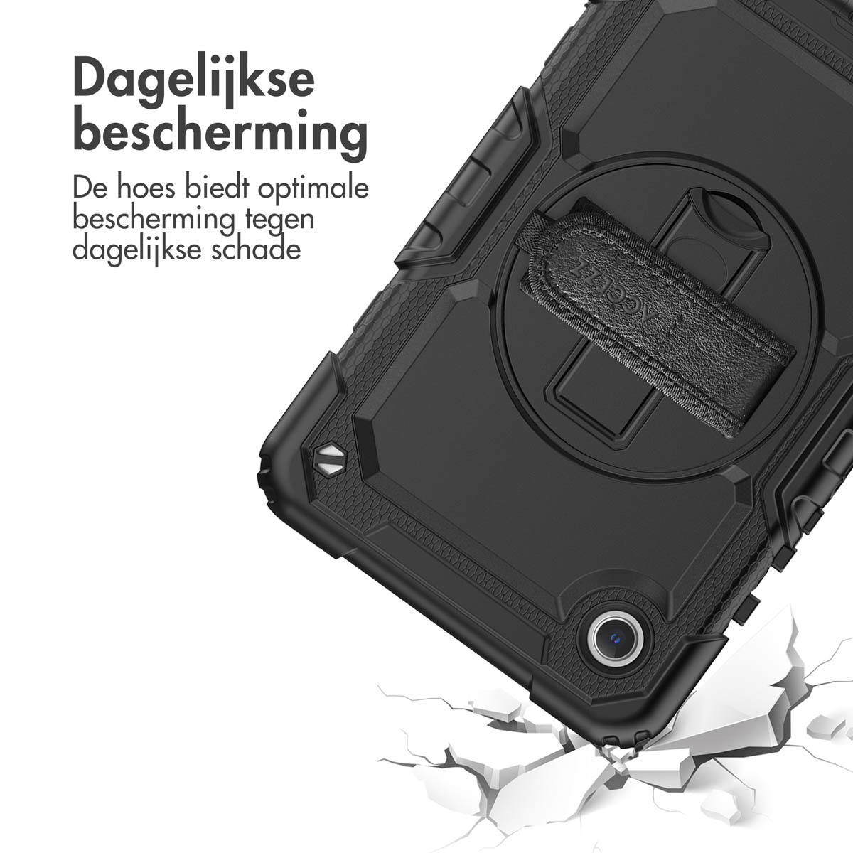 Black rugged tablet case with corner detail and a strap. The tablet is cracking the ground.