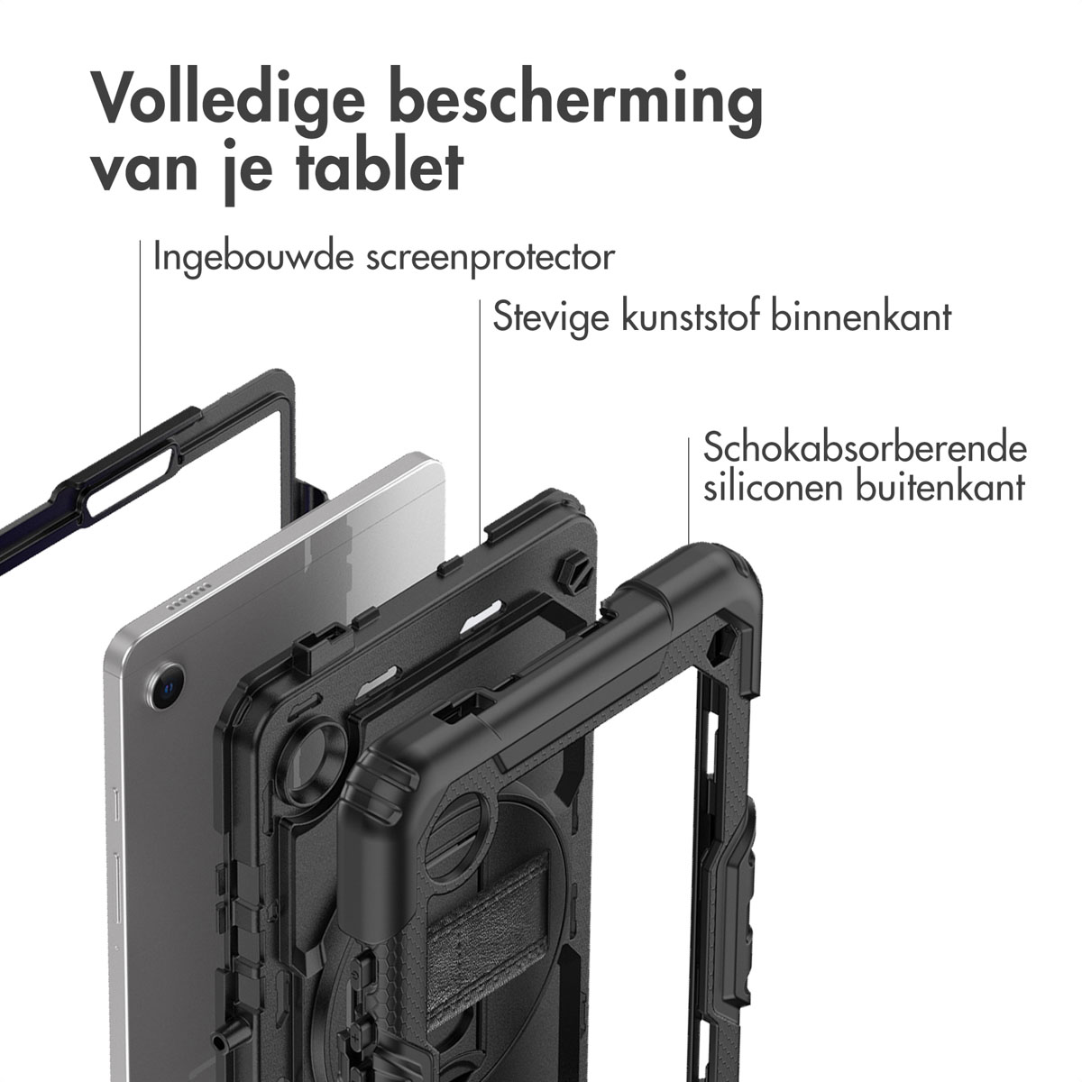 Diagram of a black tablet case showing internal components: screen protector and silicone outer.