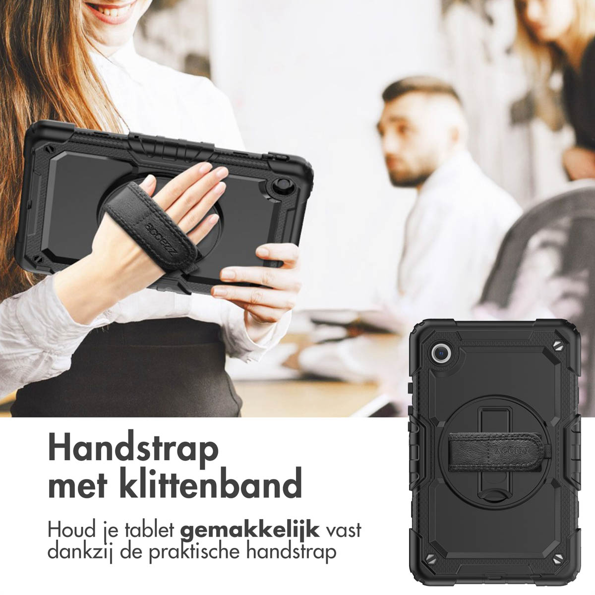 Woman holding a tablet with a black case, and a hand strap. Text: 'Handstrap met klittenband'.