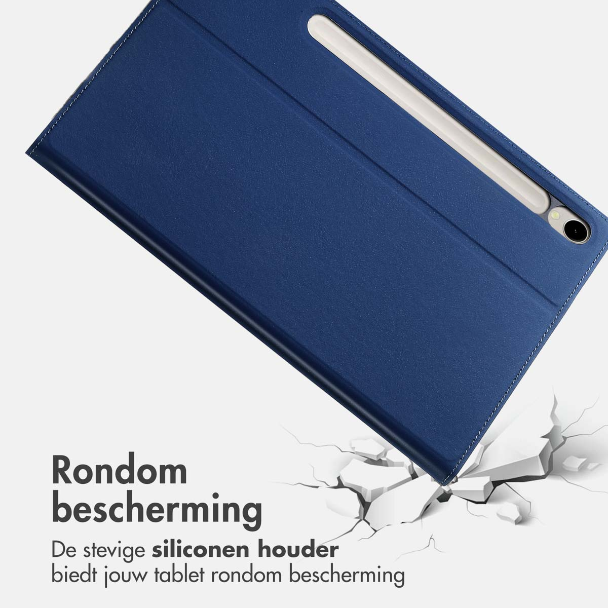 Blue tablet case with a white pen on the right side. Cracked ground effect.