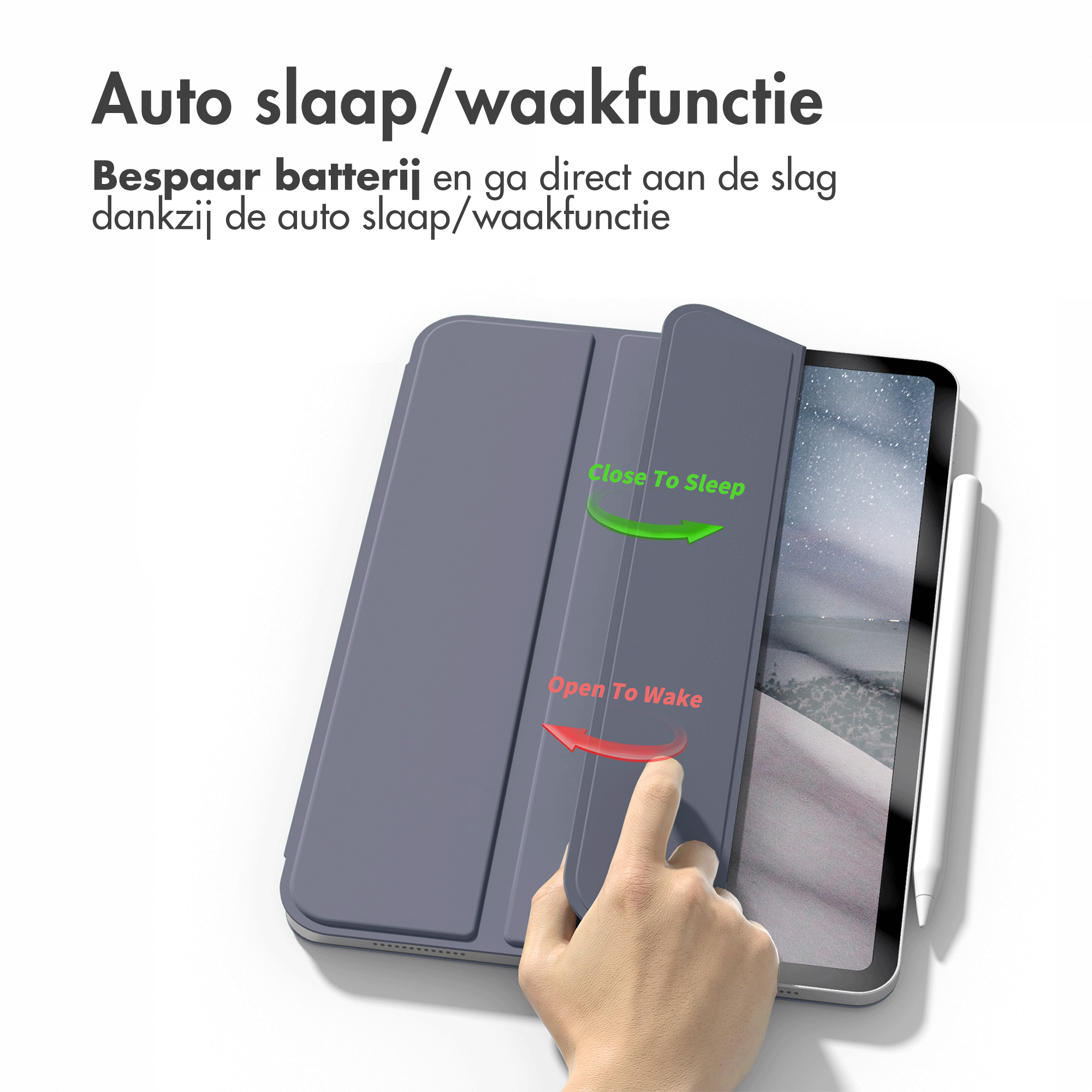 Gray tablet case. A hand points to the screen, showing sleep and wake mode arrows.