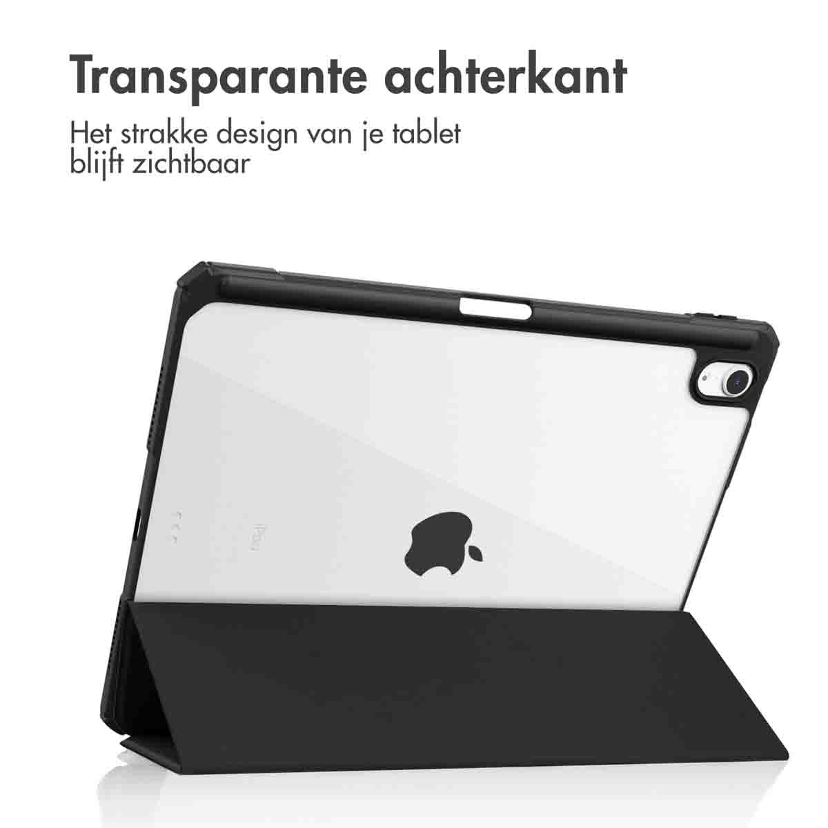 Tablet with a clear back, black cover, and a visible Apple logo.