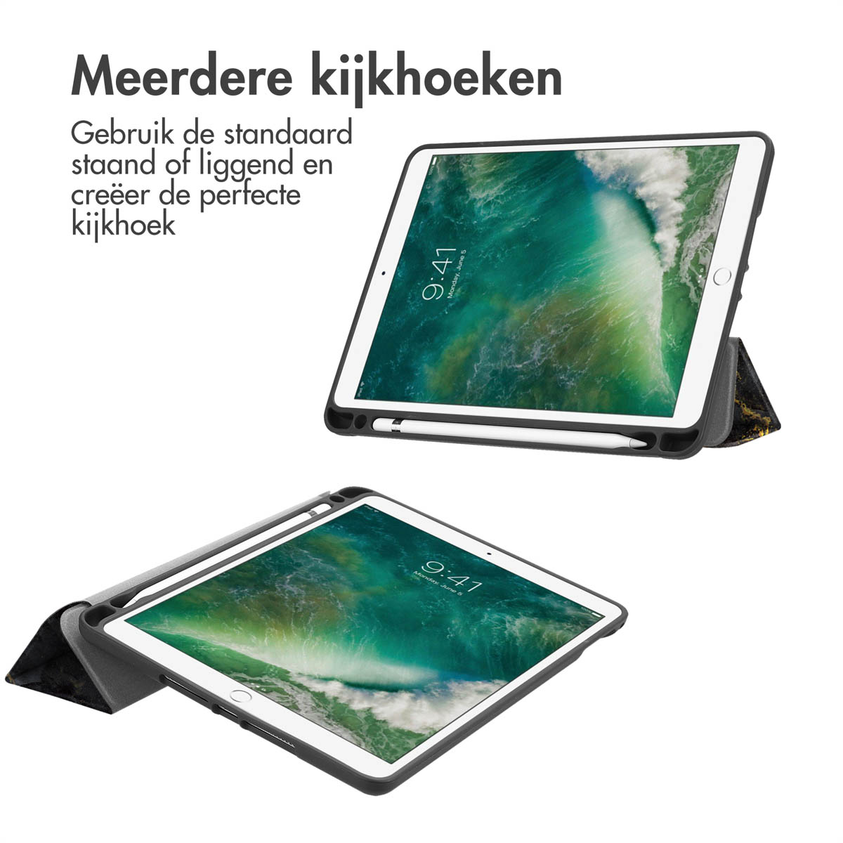 Two tablets in cases, displaying the time. One is black, other is in black and gold.