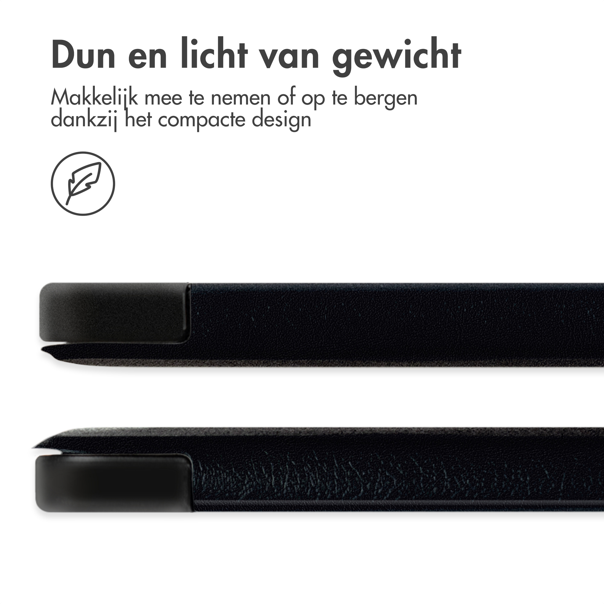 Two black tablet cases are shown. The top one is open, and the bottom one is closed.