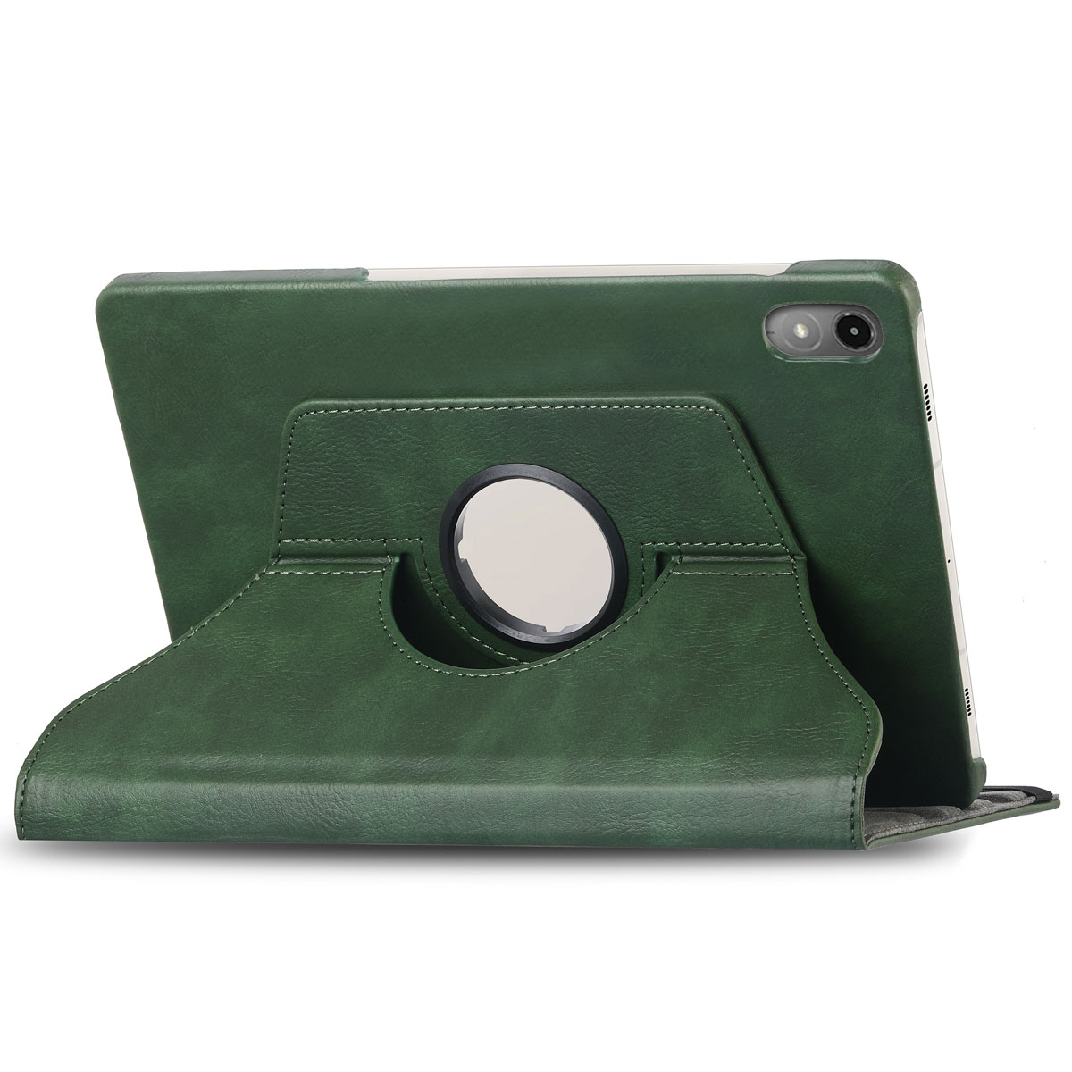 Green tablet case with a rotating ring on the back. Back view of the tablet.