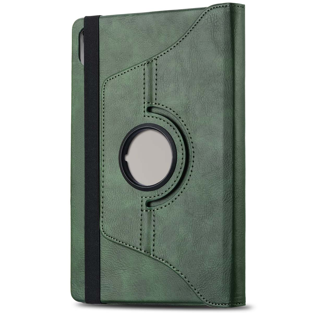 Green tablet case with a black elastic band and a circular cutout.