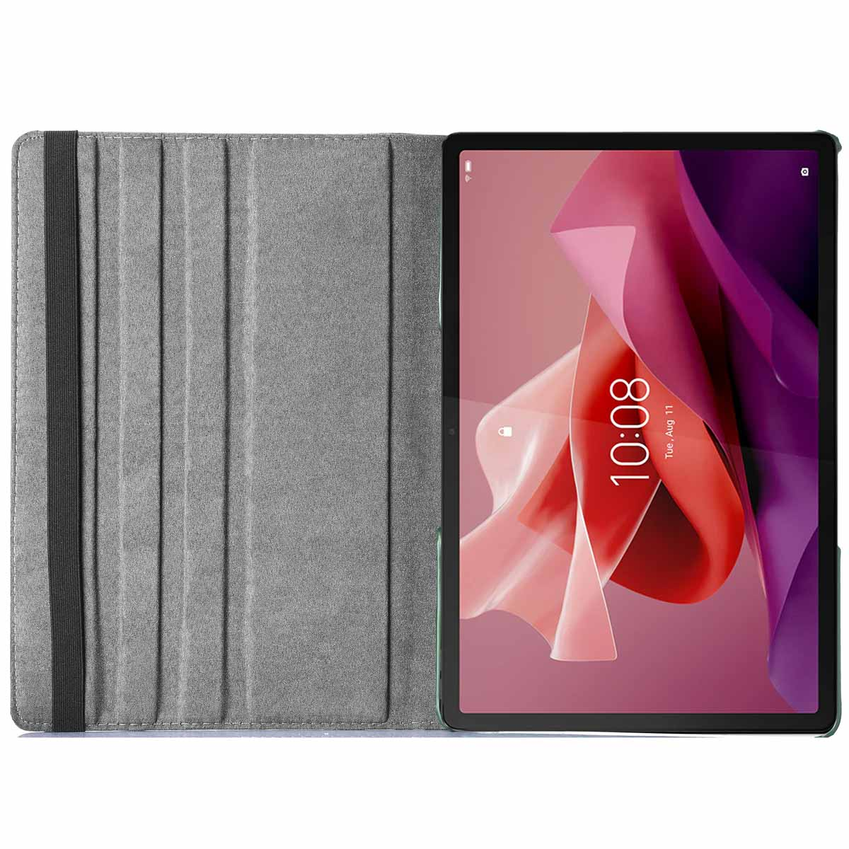 A gray tablet cover with elastic band is open, revealing a tablet with a colorful wallpaper and 10:08 time.