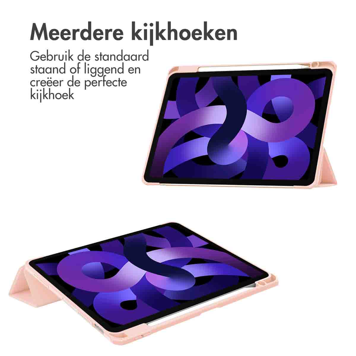 Pink tablet case in various positions. The tablet is visible with the case opened.