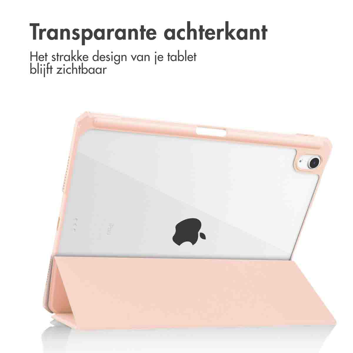 Tablet in a peach-colored case. A transparent back and peach-colored cover.