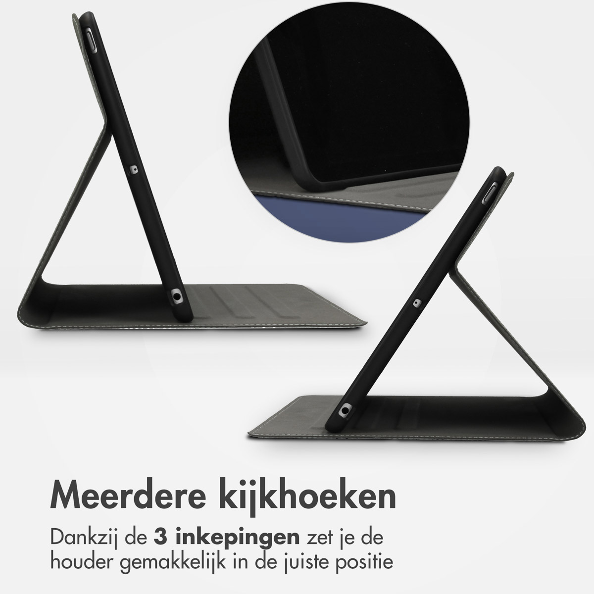 Tablet in een grijze hoes. Twee weergaven tonen de hoes open en in verschillende posities.
