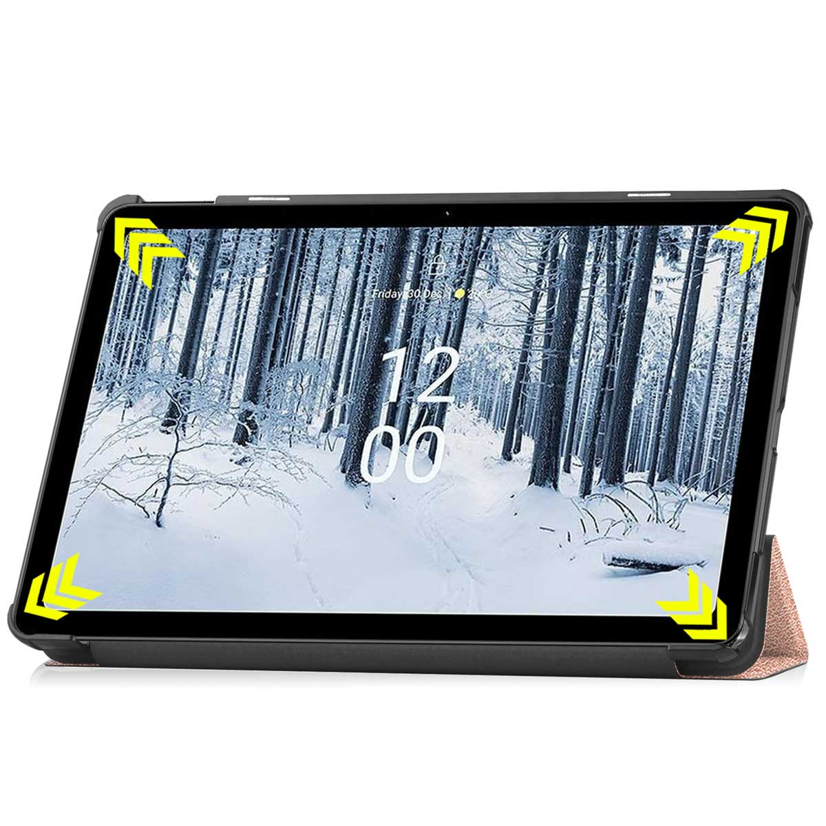 A tablet is in a case, with a snowy forest screen. Yellow corner highlights are shown.