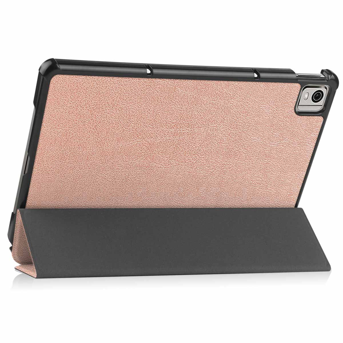 A tablet in a case, open, standing with a pink leather-like texture.
