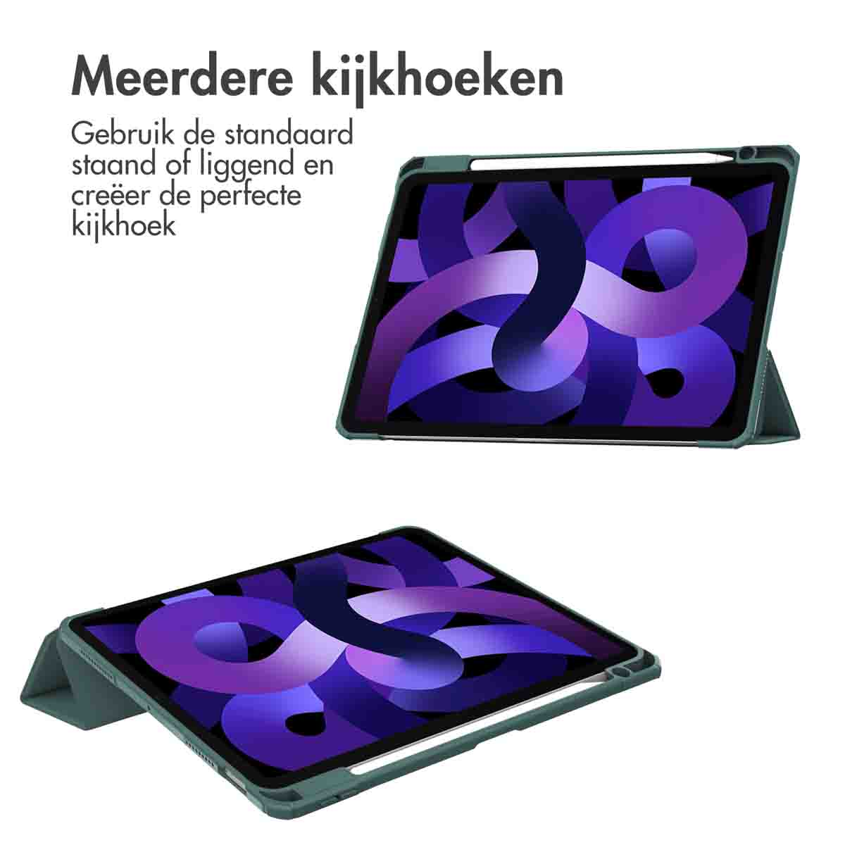 Two tablets in cases, shown in different positions. Text 'Meerdere kijkhoeken' is on the top.