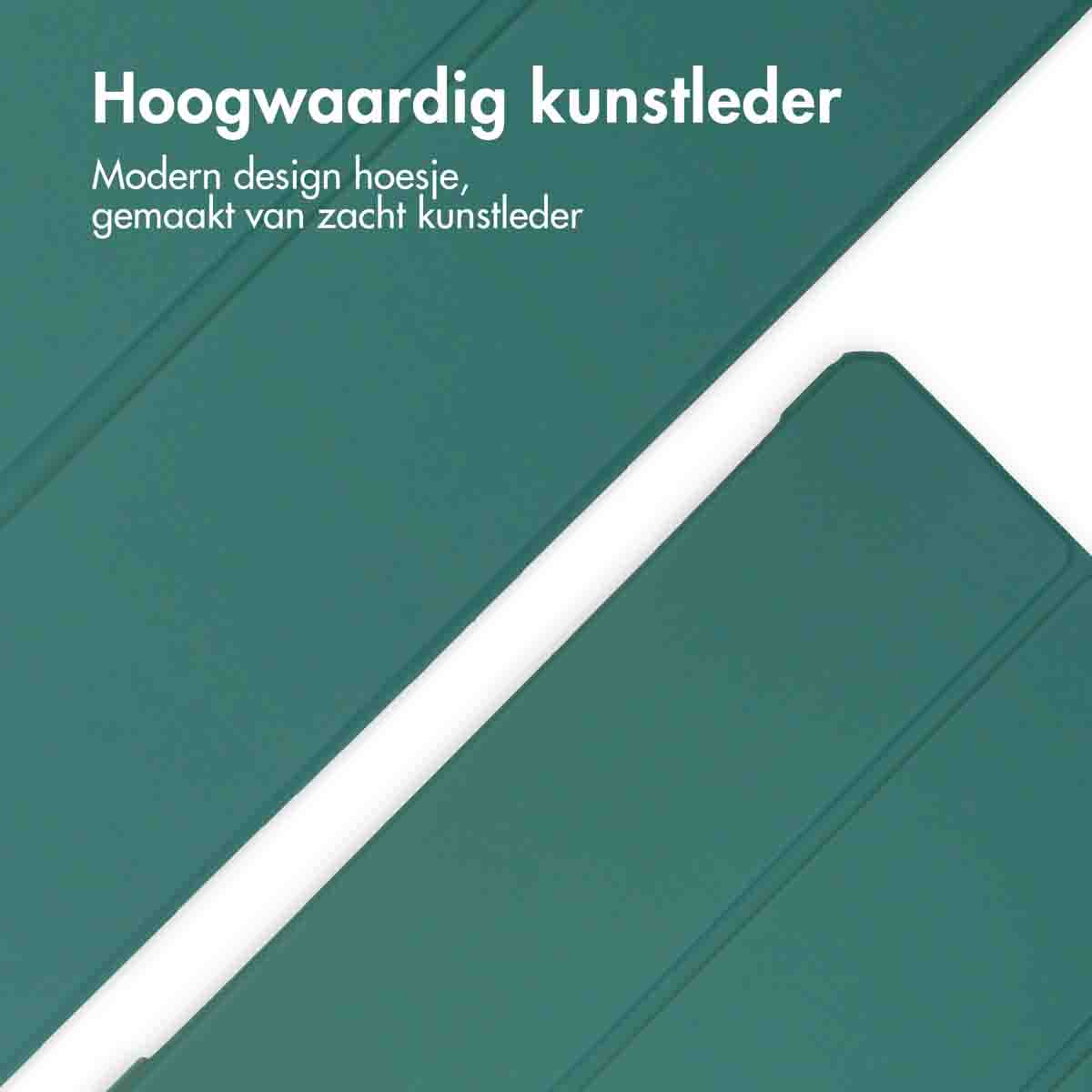 Groene tabletcover, close-up, schuin. Toont de cover, met tekst bovenaan.