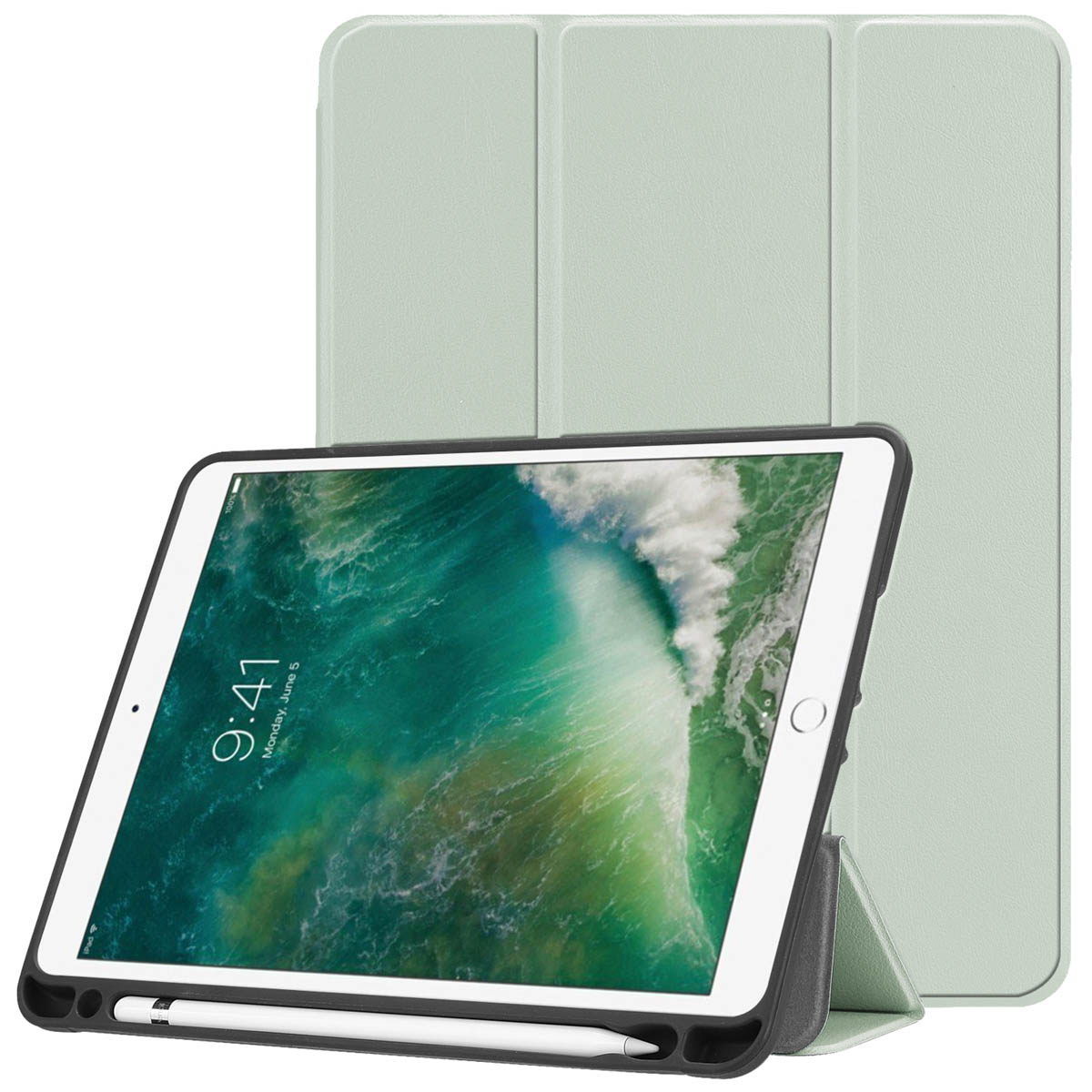 A tablet in a green case. The case is supporting the tablet.