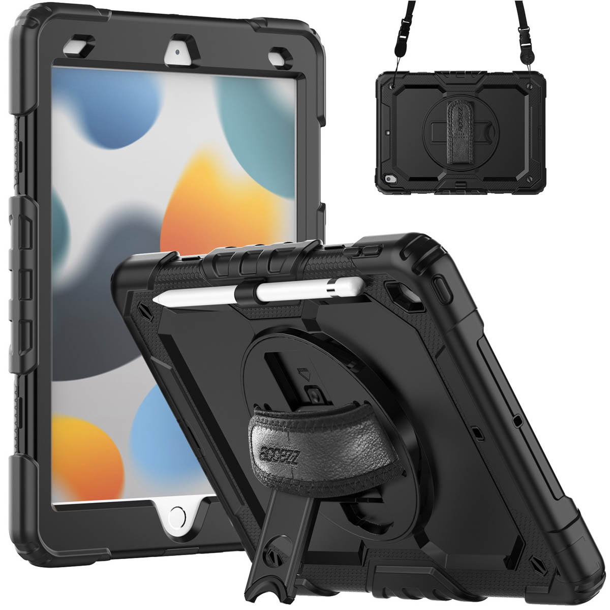 Étui de tablette noir avec dragonne et support, fond blanc.
