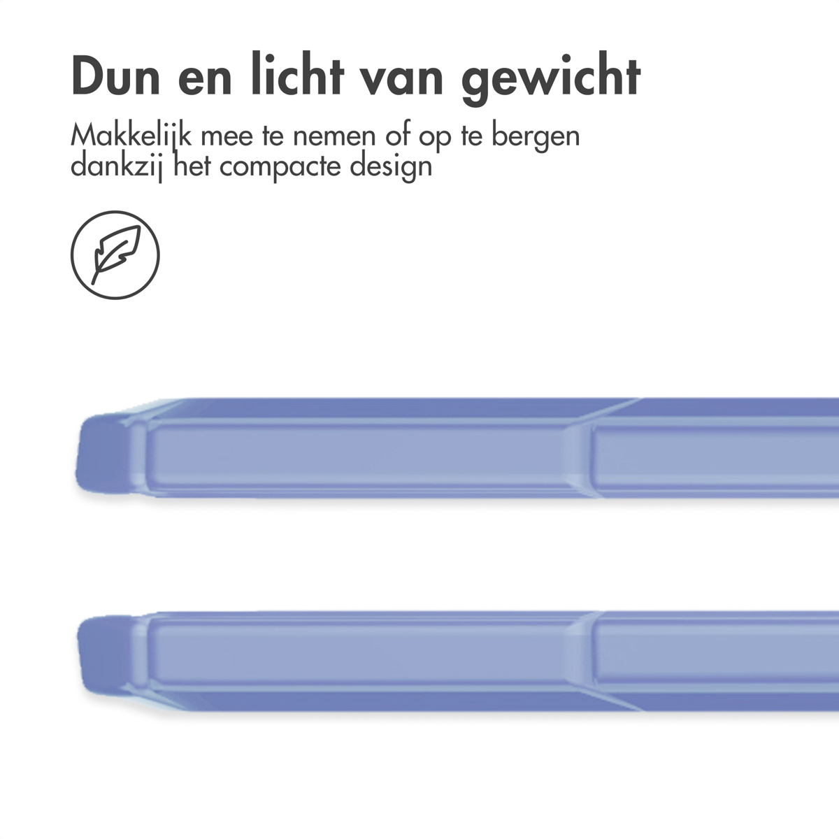 Two blue tablet case edges. Text 'Dun en licht van gewicht' is shown on the bottom.