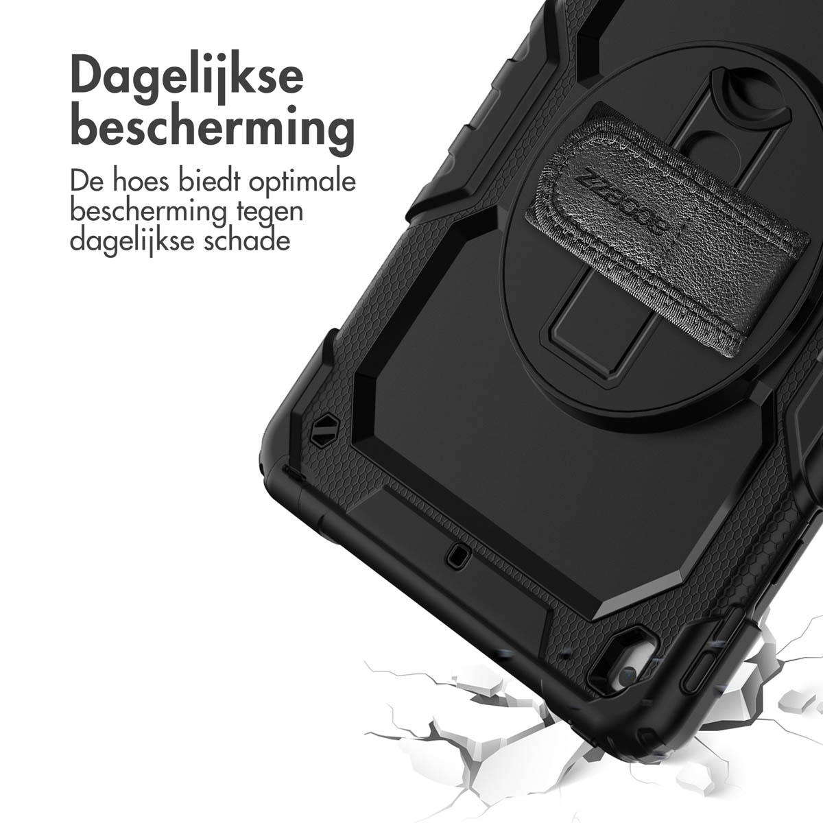 Un étui de tablette noir avec une dragonne et une surface blanche.