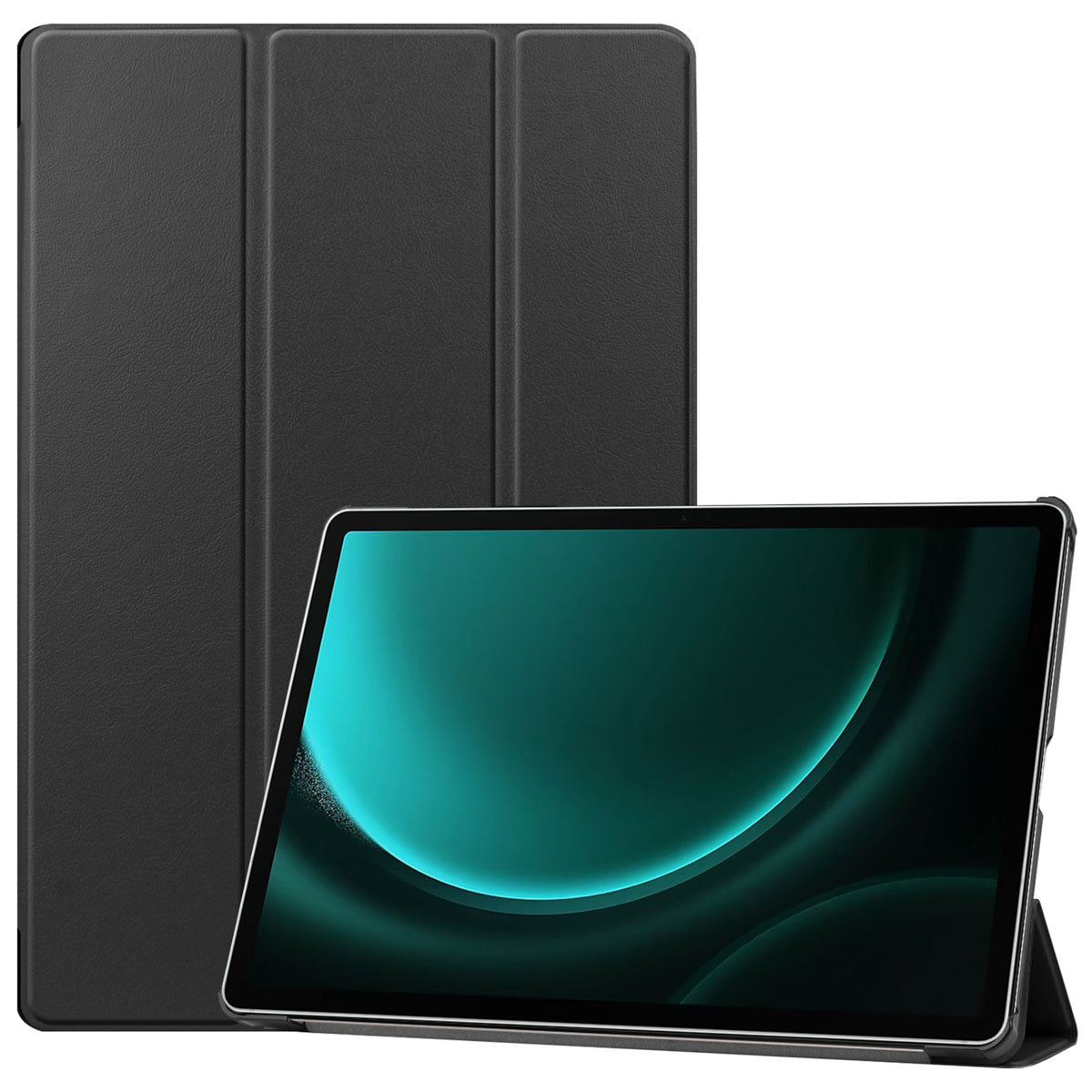 A black tablet with a case, standing on a stand.