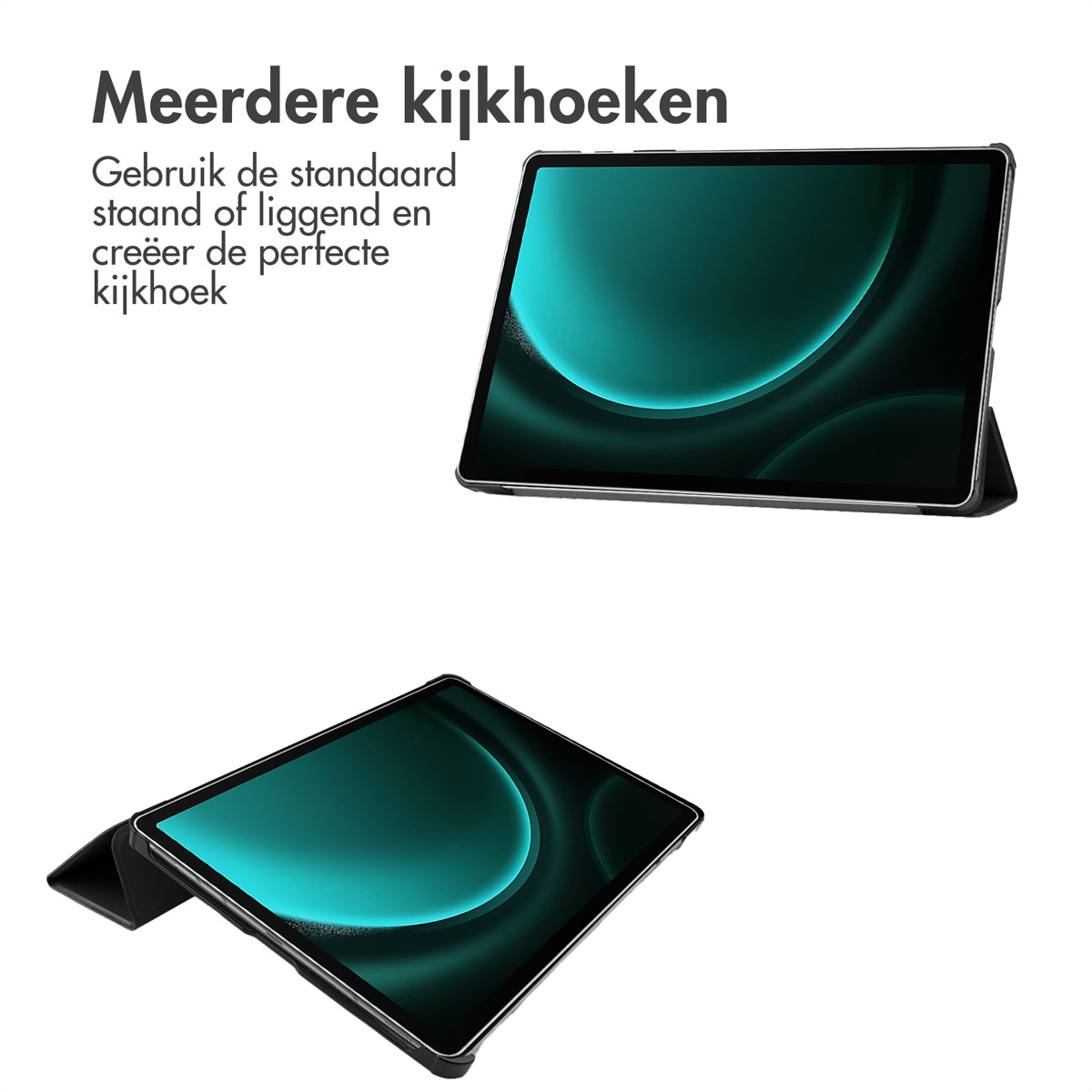 Two tablets in cases shown from different angles, one upright, one flat.