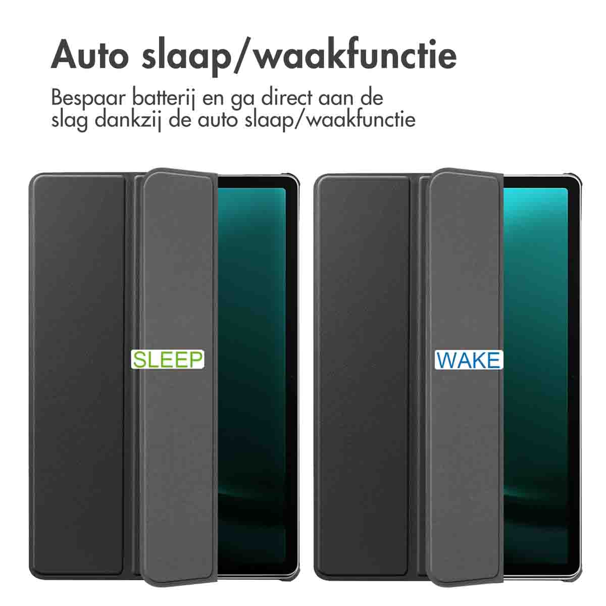 Tablet case shows SLEEP and WAKE modes. Auto sleep/wake function saves battery.