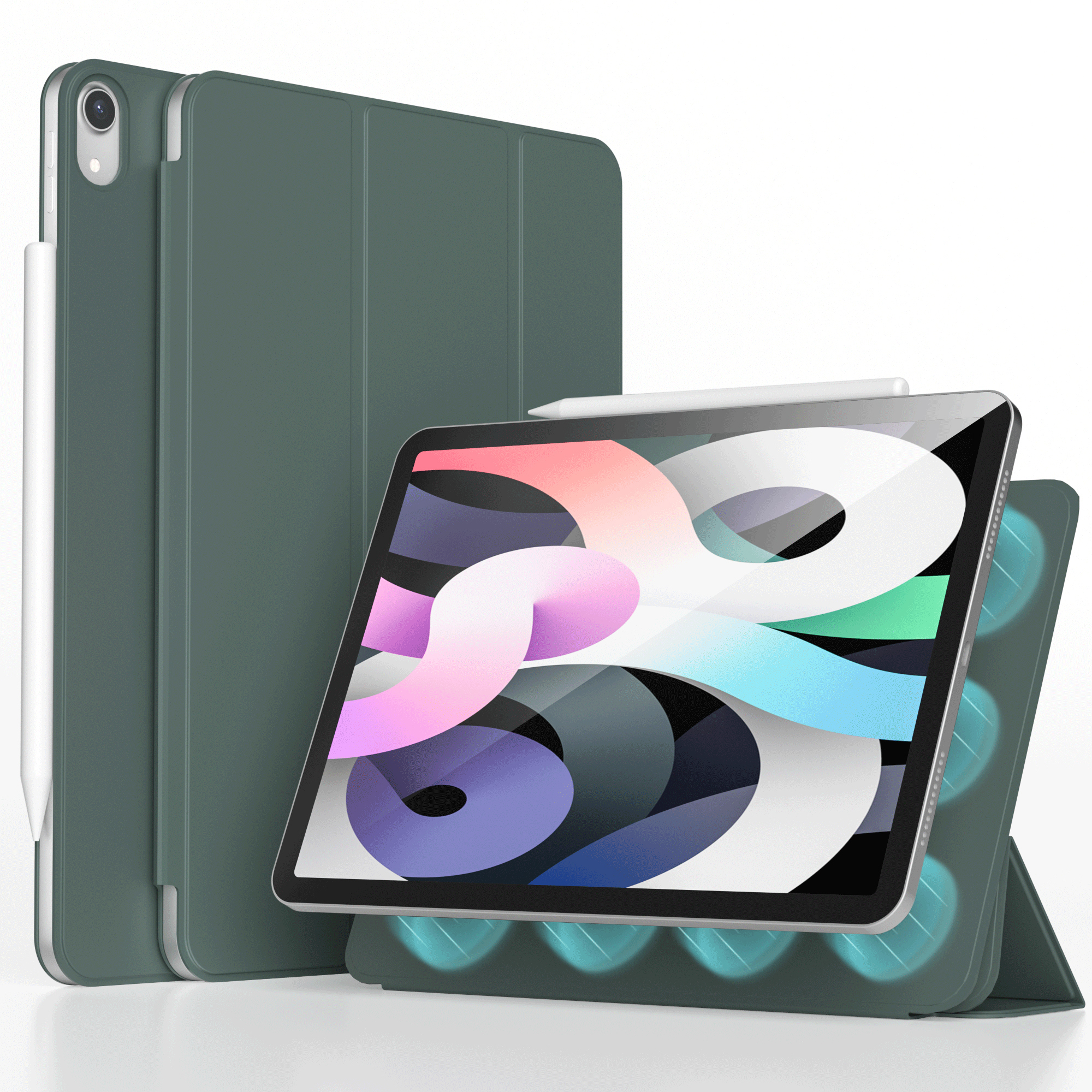 Groene tablethoes, open en dicht, met tablet en witte pen. Witte achtergrond.