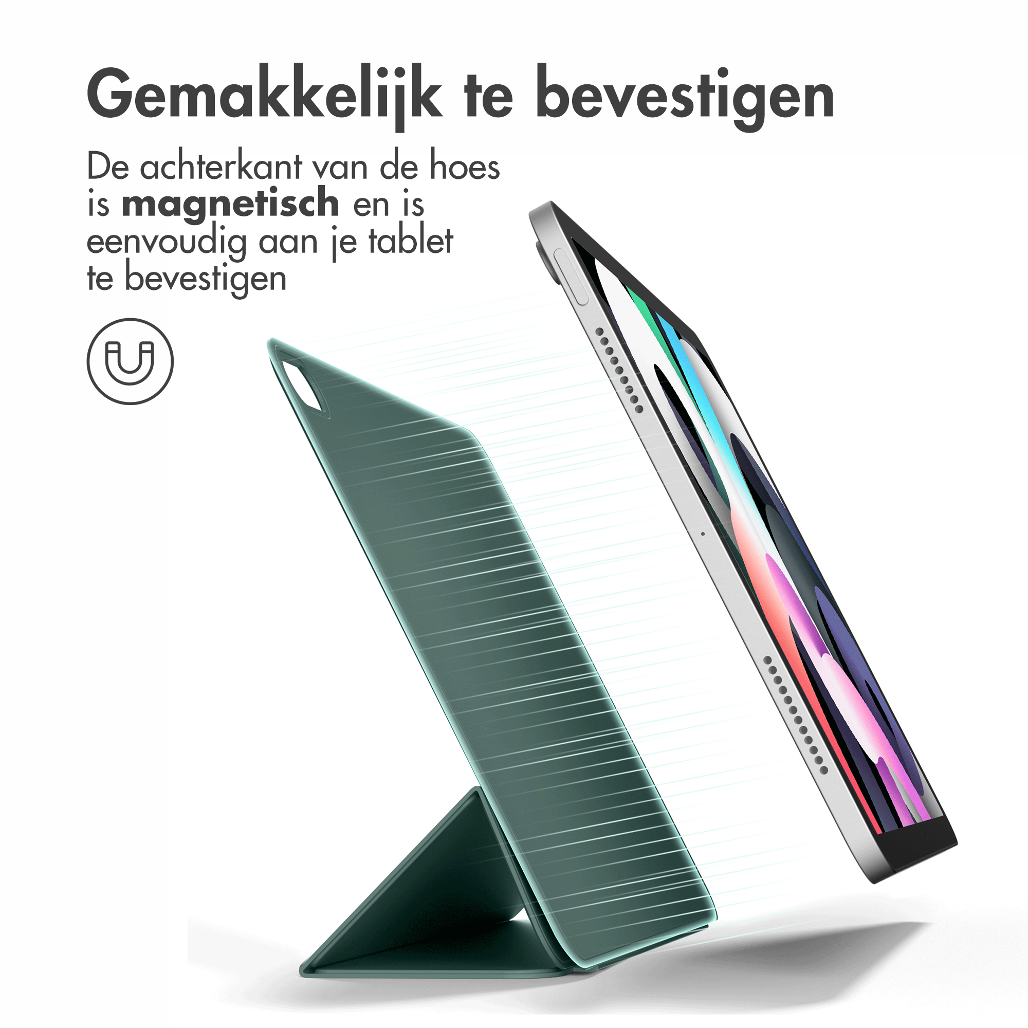 Een tablethoes in zeegroen met een tablet die magnetisch wordt bevestigd.