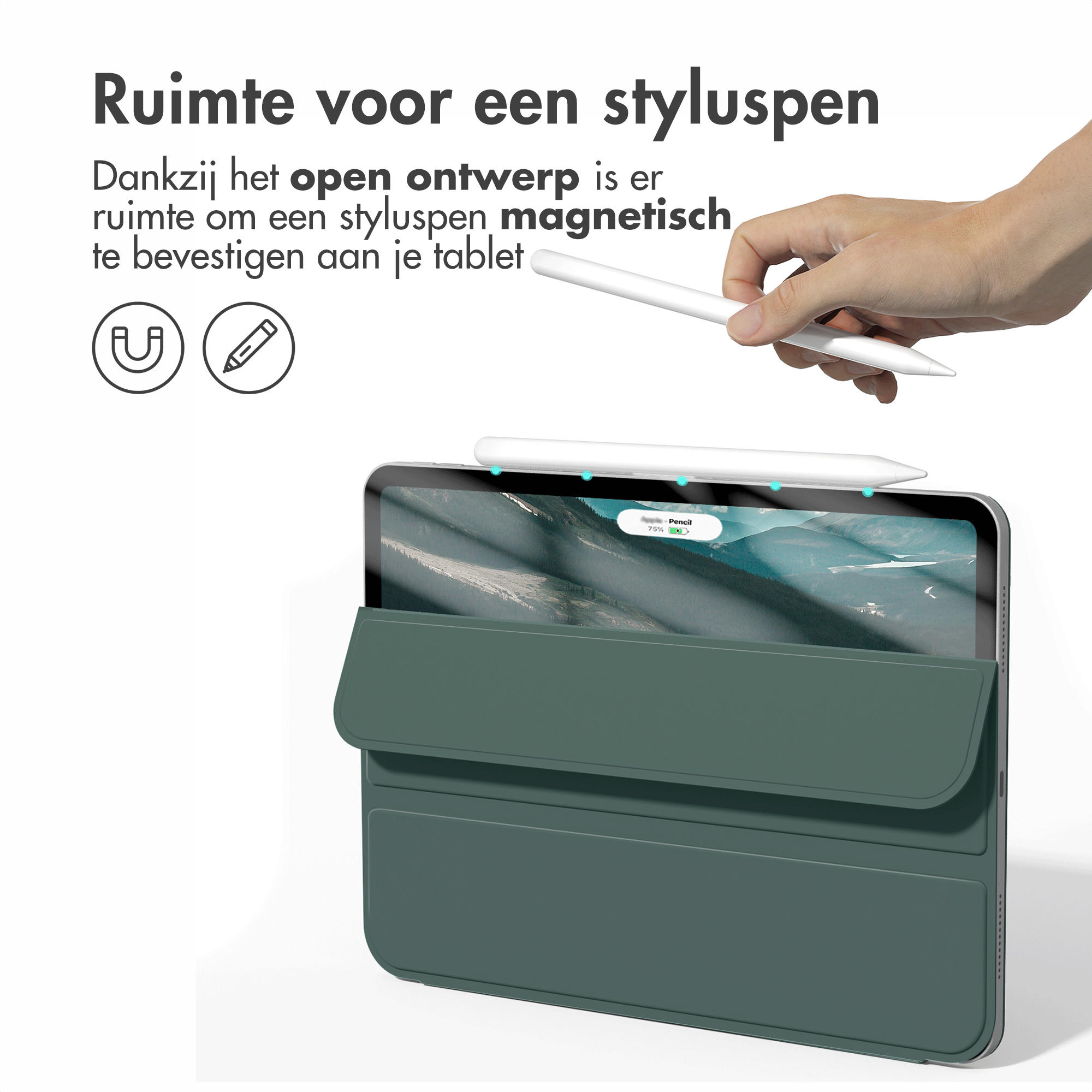 Tabletcase, groen, met een styluspen die op de tablet wordt geplaatst. Tekst erboven.