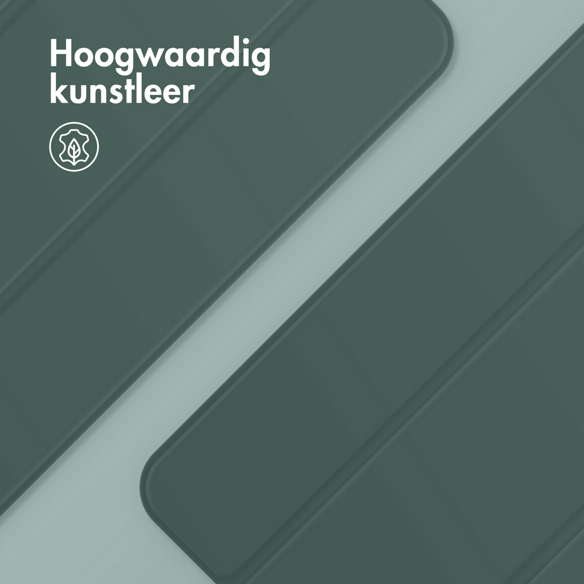 Twee overlappende donkergroene tablethoezen. De bovenste heeft een witte tekst: Hoogwaardig kunstleer.