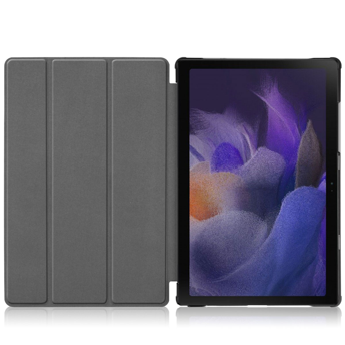 Un étui de tablette gris est présenté, ouvert avec la tablette à l'intérieur. Le fond est blanc.