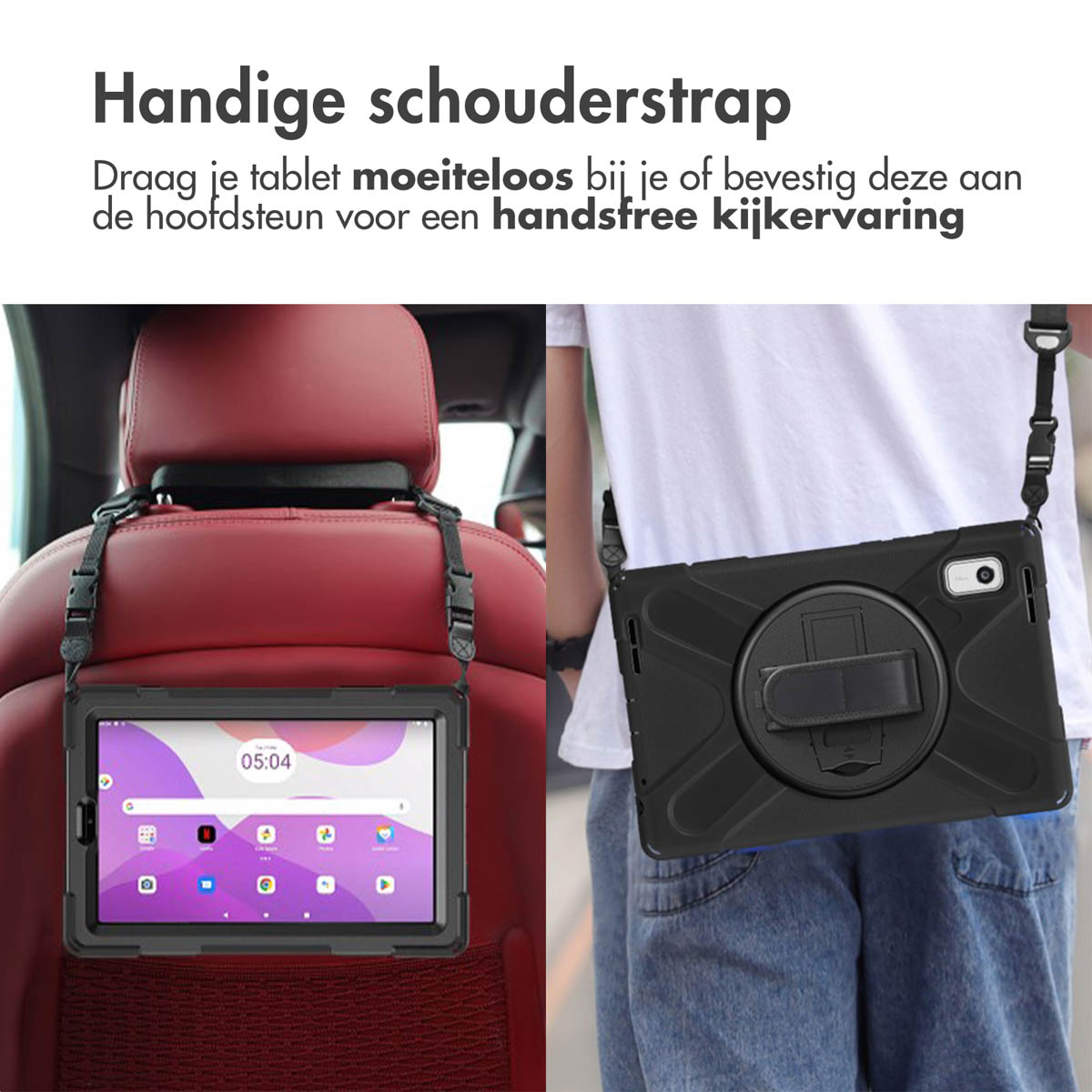 A tablet in a black case hanging on the back of a car seat. A person is wearing the tablet.
