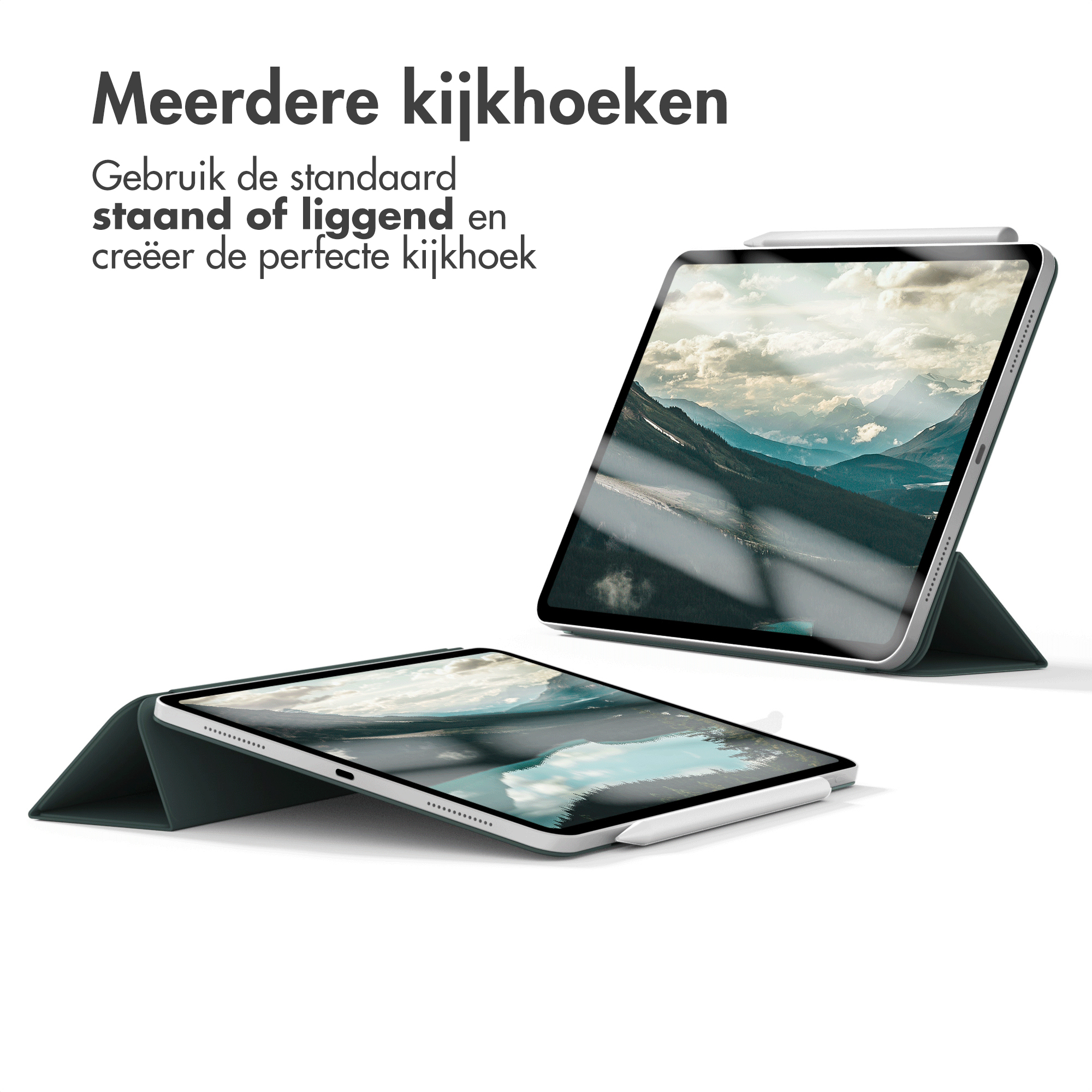 Twee tablets in hoesjes, één rechtop, één schuin. Beide hebben pennen bevestigd.