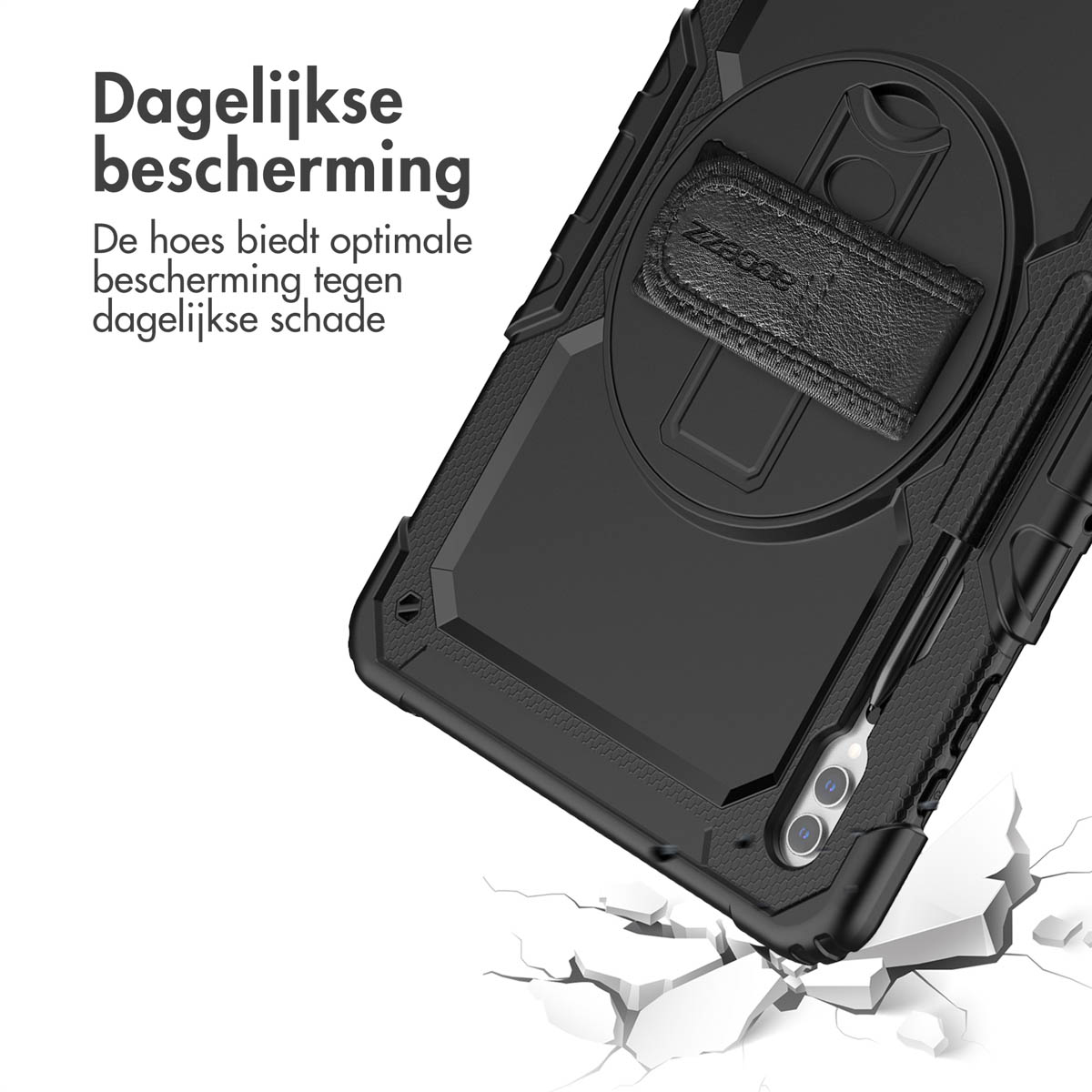 Black tablet case with a hand strap, shown on a white surface with cracks below.